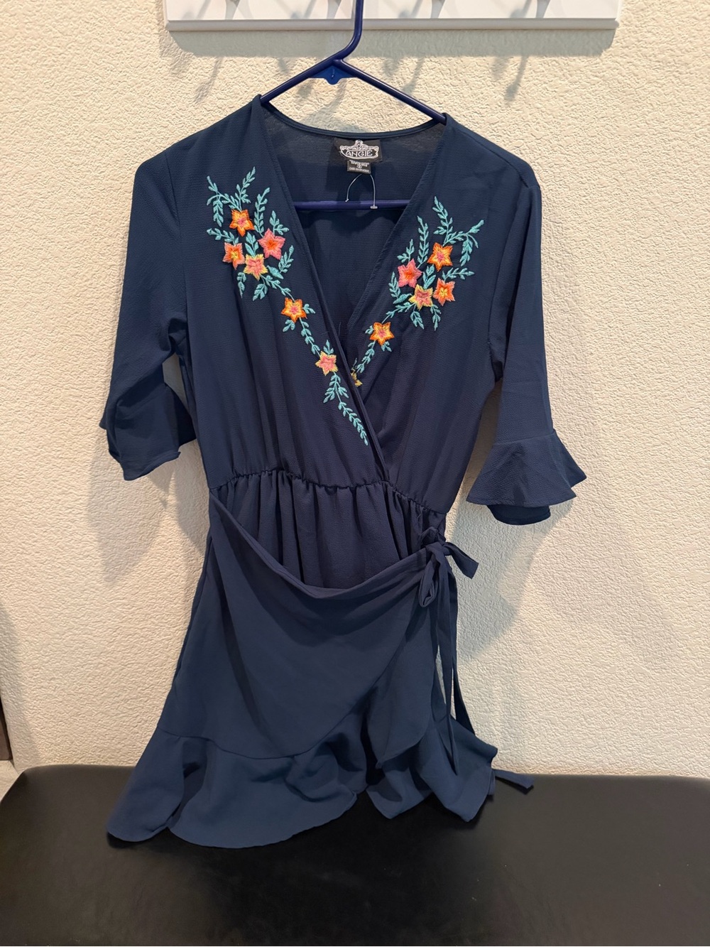 Angie Navy Floral Embroidered Mini Wrap Dress